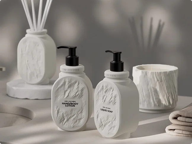 Sir Jacobs porcelain dispensers, diffuser and candle grouped together