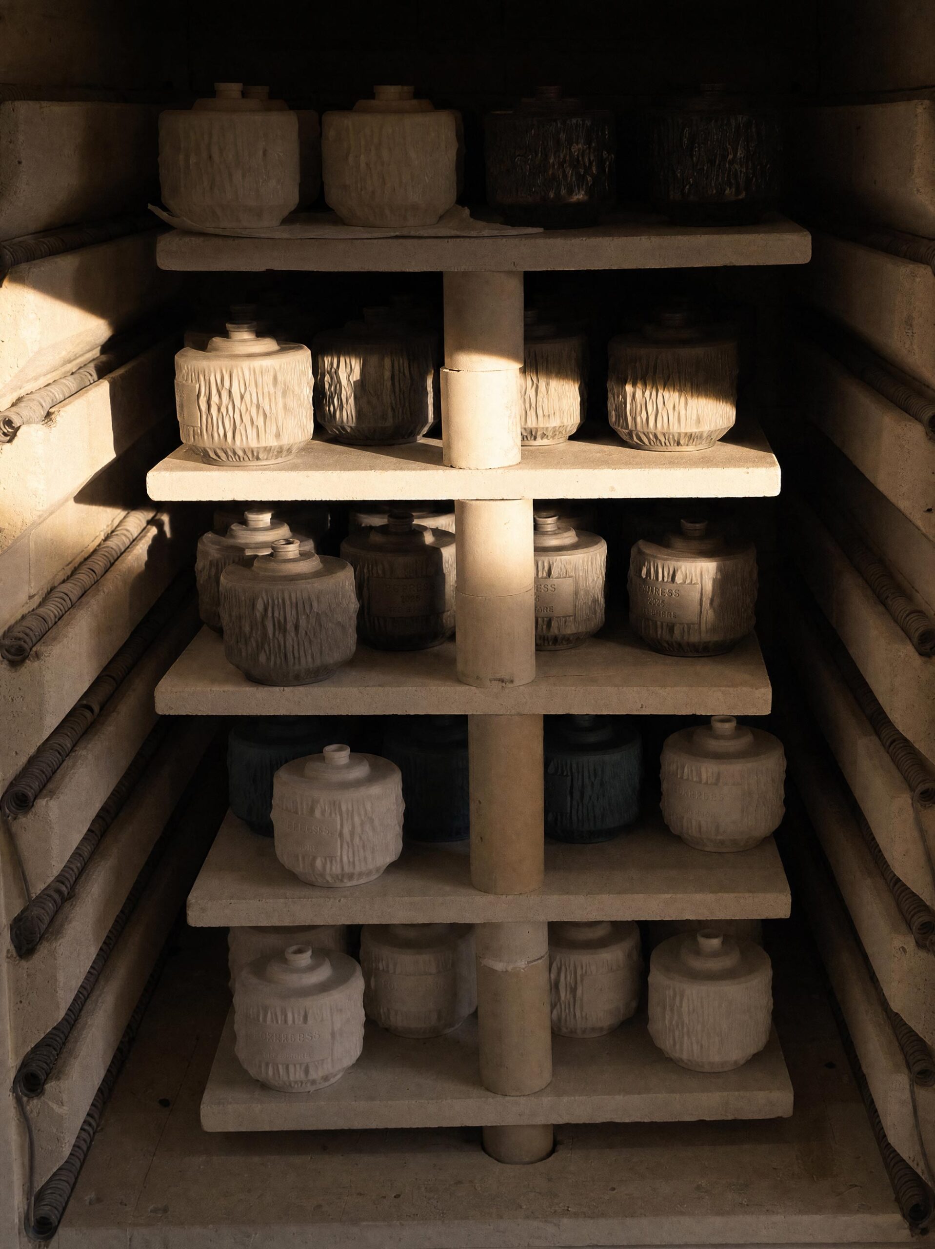 Porcelain vessels drying on studio shelves before the kiln
